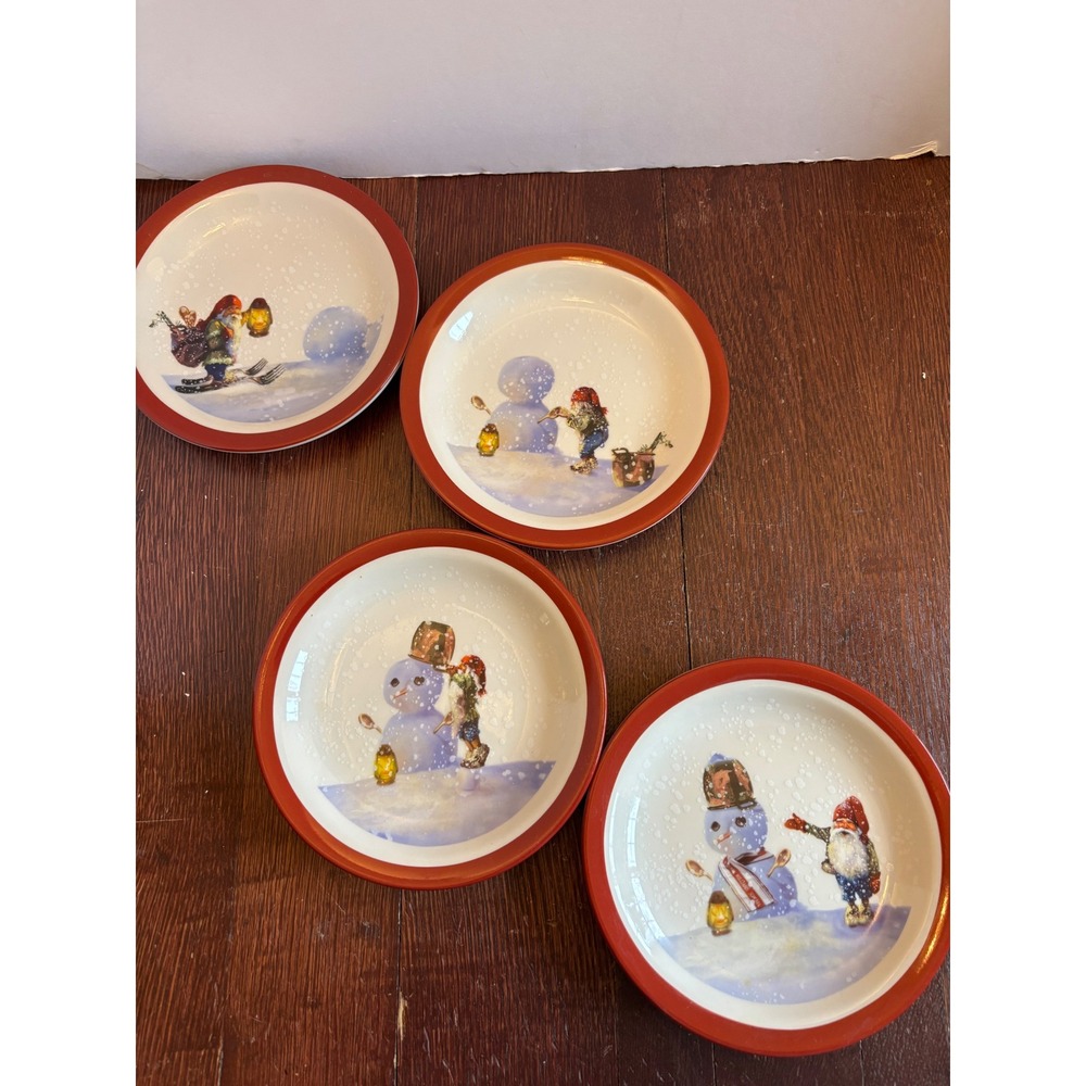 Williams-Sonoma Christmas Gnome Snowman Appetizer Plates Set of 4 Red Rim 6.25"